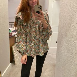 Doen inspired ruffle blouse ditsy floral deep v neck